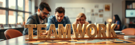 Teamwork word made of wooden letters on table in office. Teamwork conceptの写真素材