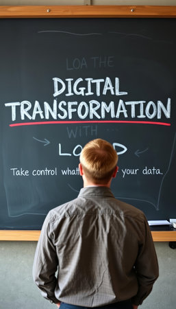 Businessman standing in front of a blackboard with digital transformation textの写真素材