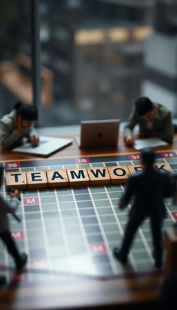 Teamwork concept with miniature business people working together on roulette tableの写真素材