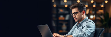 young businessman in eyeglasses working on laptop at night in office