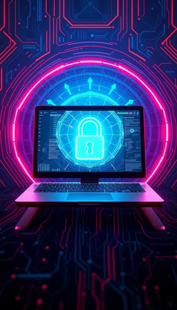 Cyber security concept with glowing padlock on laptop screen 3D rendering