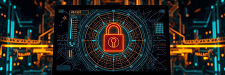 Cyber security concept. Futuristic interface with padlock on blurred background. 3D rendering