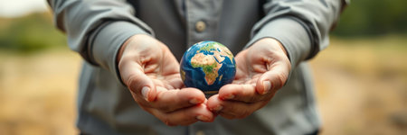 Man holding globe in his hands. Save the planet concept. Selective focus.の写真素材