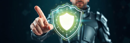 Cyborg on blurred background holding shield with digital protection 3D rendering