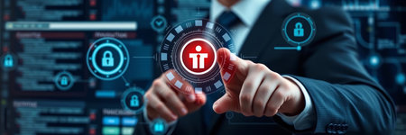 Cyber security data protection business technology privacy concept. Young businessman select the icon IT on the virtual display.の写真素材