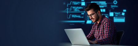 Young man working with a laptop on a dark blue background. Business concept.