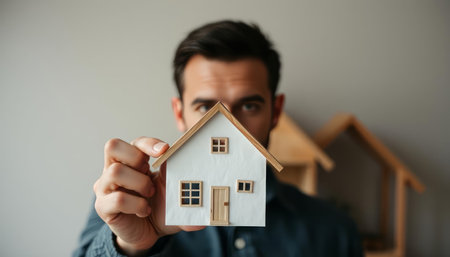 Young man holding house model on grey background, closeup. Mortgage conceptの写真素材