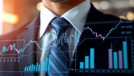 Businessman in suit with financial symbols on blurred background. 3D rendering