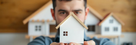Young man holding a model of a house. Real estate concept.の写真素材