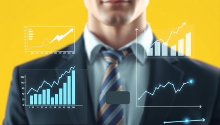 Businessman in suit and tie with financial chart on the virtual screenの写真素材