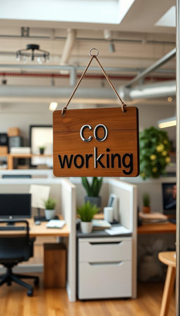 Wooden signboard with word CO working in officeの写真素材