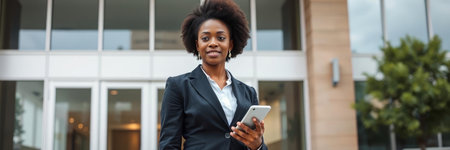 panoramic shot of african american businesswoman using smartphone
