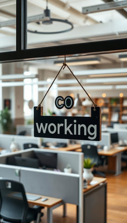 Signboard with the word Working in a modern co-working spaceの写真素材