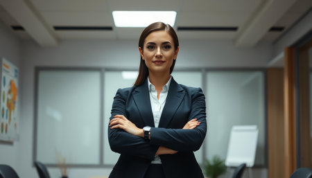 Portrait of confident businesswoman standing with arms crossed in modern office