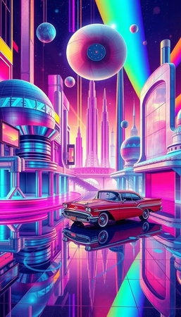 3D illustration of a retro car in a futuristic space scene.の写真素材