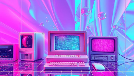 3d rendering of a computer monitor and a set of different electronic devicesの写真素材