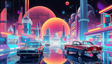 Futuristic city with retro cars, 3d rendering. Computer digital drawing.
