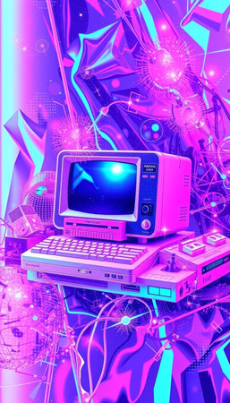 3d illustration of a colorful background with a computer and a monitorの写真素材
