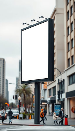 Blank billboard on a city street with people walking in the background