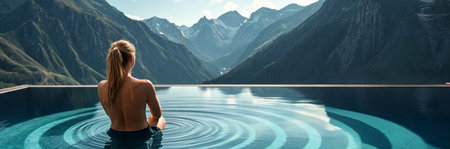 Woman sitting on edge of swimming pool in mountains. 3D renderingの写真素材