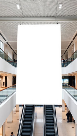 Blank white poster in the hall of modern office building. Mock up