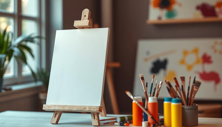Wooden easel with white canvas on table in art studio.の写真素材