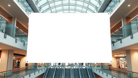 Blank billboard on escalator in shopping mall. 3d rendering.の写真素材