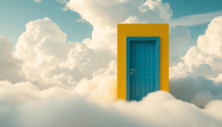 Blue door in the clouds, 3d render. Blue door in the cloudsの写真素材