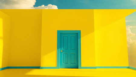 Conceptual image of yellow door with blue sky and clouds backgroundの写真素材