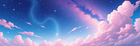 Night sky with clouds and stars. Vector illustration. Horizontal banner.の写真素材