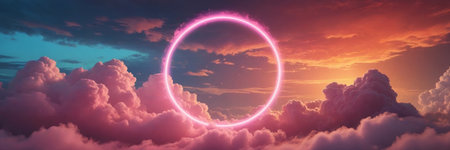 Sunset above the clouds with a neon ring. 3d illustration