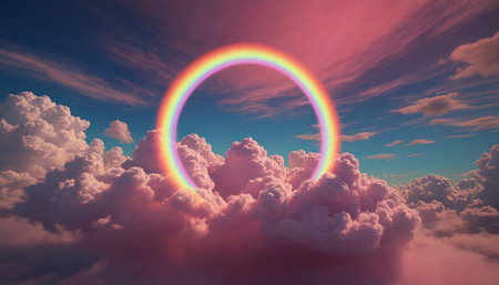 3d render of rainbow and clouds in the sky. Beautiful natural background.の写真素材
