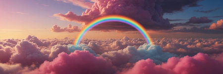 Beautiful aerial view above clouds with a rainbow. 3d illustrationの写真素材