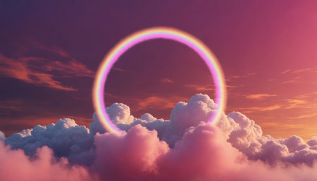 Sunset over the clouds with rainbow in the sky. 3d renderの写真素材