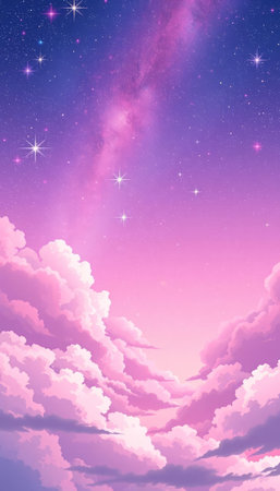 Purple sky with clouds and stars. Vector illustration for your design