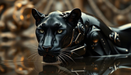 3d illustration of a black panther on a reflective surface.の写真素材