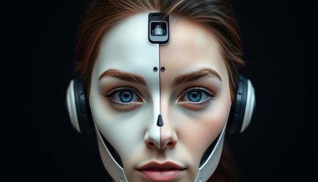 Cyborg woman face with headset on black background. 3d renderingの写真素材