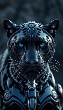 3D rendering of a female tiger with metal armor and blue eyesの写真素材