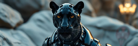 3D rendering of a black panther in a futuristic space suitの写真素材