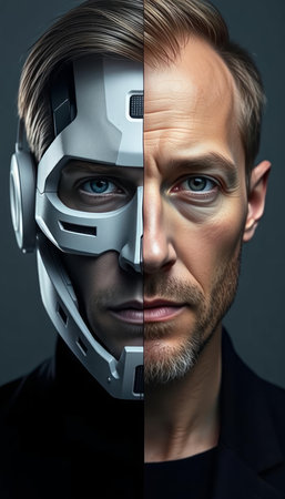 Portrait of a young man in a virtual reality helmet. 3d renderingの写真素材