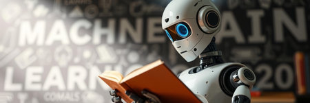 Robot reading a book. 3d rendering, artificial intelligence conceptの写真素材
