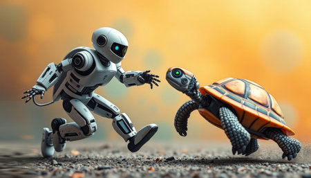 3d render of robot and turtle running on the sand with orange backgroundの写真素材