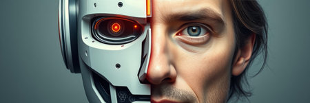 Close-up portrait of a man with artificial intelligence. 3d renderingの写真素材