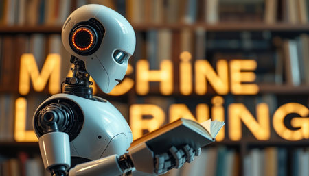 Robot reading a book in a library. Education and technology concept.の写真素材