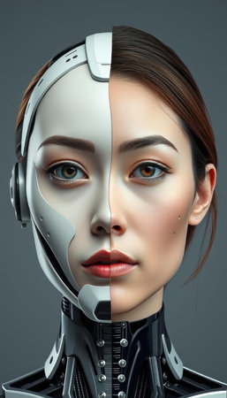 Cyborg woman face. Futuristic concept. 3d rendering.の写真素材