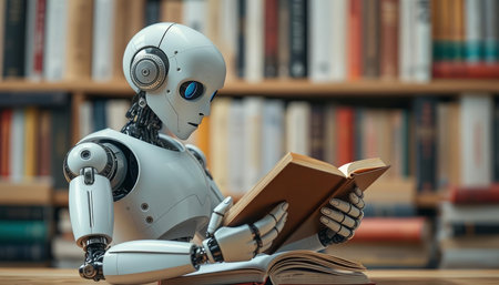 Robot reading a book in a library. 3d rendering.の写真素材