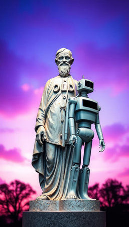 Statue of a man with a robot on a background of purple sky
