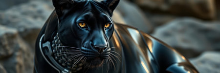 3D rendering of a black panther in a sea cave.の写真素材