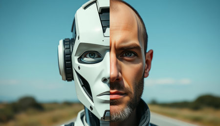 Composite image of futuristic man with white robot head against blue skyの写真素材