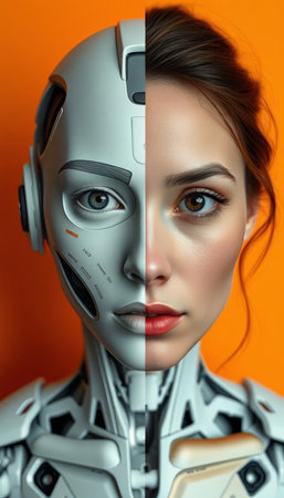 3D rendering of a female robot isolated on orange studio background.の写真素材